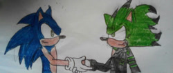 Size: 1024x434 | Tagged: safe, artist:theoneandonlycactus, sonic the hedgehog, oc, oc:cactus the hedgehog, hedgehog, male, traditional media