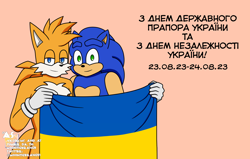 Size: 2048x1303 | Tagged: safe, artist:moontigerange1, miles "tails" prower, sonic the hedgehog, 2023, aged up, country flag, duo, flag, gay, holding something, looking at viewer, older, shipping, simple background, smile, sonic x tails, tan background, ukraine flag, ukrainian text