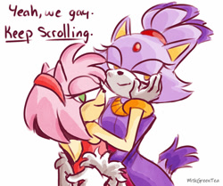 Size: 1024x855 | Tagged: safe, artist:mi1kgreentea, amy rose, blaze the cat, cat, hedgehog, 2019, amy x blaze, amy's halterneck dress, blaze's tailcoat, cute, english text, female, females only, hand on cheek, hand on hip, lesbian, looking at viewer, looking back at viewer, shipping, yeah we gay