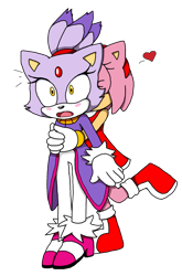 Size: 1024x1553 | Tagged: safe, artist:mieuun, amy rose, blaze the cat, cat, hedgehog, 2017, amy x blaze, amy's halterneck dress, blaze's tailcoat, cute, female, females only, heart, hugging from behind, lesbian, shipping, surprised