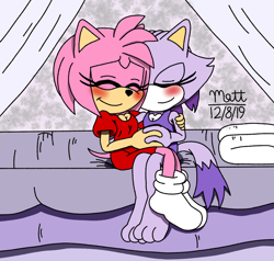 Size: 1024x976 | Tagged: safe, artist:silverphantom36, amy rose, blaze the cat, cat, hedgehog, 2019, amy x blaze, bed, blushing, cute, eyes closed, female, females only, holding hands, lesbian, shipping, socks