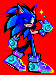 Size: 1536x2048 | Tagged: safe, artist:kuroiyuki96, sonic the hedgehog, hedgehog, sonic prime s2, limited palette, looking back, looking offscreen, male, red background, simple background, smile, solo, standing, star (symbol), wink