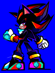 Size: 1536x2048 | Tagged: safe, artist:kuroiyuki96, shadow the hedgehog, hedgehog, sonic prime s2, blue background, lidded eyes, limited palette, looking back, looking back at viewer, looking offscreen, male, simple background, smile, solo, sparkles, standing