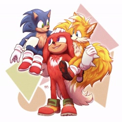 Size: 2048x2048 | Tagged: safe, artist:quirckle2, knuckles the echidna, miles "tails" prower, sonic the hedgehog, sonic the hedgehog 2 (2022), abstract background, carrying them, fluffy, male, males only, riding on shoulders, signature, standing, team sonic, trio