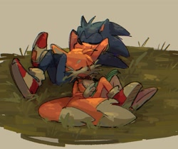 Size: 1691x1421 | Tagged: safe, artist:clumxy, miles "tails" prower, sonic the hedgehog, abstract background, arms behind head, duo, eyes closed, grass, leaning on them, lying down, male, males only, sleeping