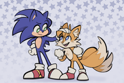 Size: 2048x1365 | Tagged: safe, artist:summers-art, miles "tails" prower, sonic the hedgehog, fox, hedgehog, abstract background, brothers, duo, ear fluff, head pat, looking at each other, male, males only, smile, standing, star (symbol), top surgery scars, trans male, transgender