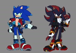 Size: 2048x1430 | Tagged: safe, artist:tsubomiiiii, shadow the hedgehog, sonic the hedgehog, hedgehog, alternate universe, au:trigger, belt, clothes, duo, fingerless gloves, frown, grey background, jacket, lidded eyes, male, males only, simple background, smile
