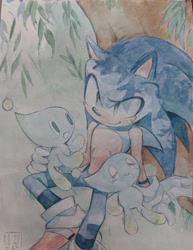 Size: 1579x2048 | Tagged: safe, artist:12neonlit-stage, sonic the hedgehog, chao, hedgehog, blushing, chao garden, colored version, genderless, male, neutral chao, sitting, sleeping, smile, top surgery scars, trans male, transgender, tree, trio