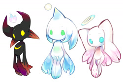 Size: 1280x870 | Tagged: safe, artist:nine-doodles, chao, blue sclera, chaos chao, dark chaos chao, genderless, green sclera, hero chaos chao, neutral chaos chao, simple background, standing, trio, white background, yellow sclera