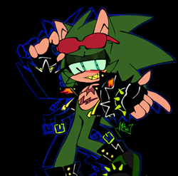 Size: 361x356 | Tagged: artist needed, safe, scourge the hedgehog, hedgehog, blue eyes, fingerless gloves, glasses, glasses on head, gloves, green fur, jacket, male, scars, sharp teeth, shoes, sunglasses