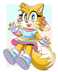 Size: 1536x1893 | Tagged: safe, artist:xxleahencexx, miles "tails" prower, fox, abstract background, blue shoes, border, child, cute, dress, female, fingerless gloves, gender swap, mouth open, one fang, ponytails, smile, solo, tailabetes, waving