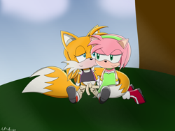 Size: 2000x1500 | Tagged: safe, artist:andtails1, amy rose, miles "tails" prower, oc, oc:millie "tails" prower, fox, hedgehog, abstract background, alternate outfit, blushing, clothes, commission, date, duo, duo female, female, females only, gender swap, half r63 shipping, lesbian, lidded eyes, looking at each other, outdoors, shipping, signature, sitting, smile, sonic x style, tailamy, tree