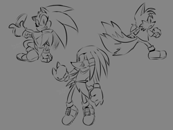 Size: 1600x1200 | Tagged: safe, artist:void-thevoid, knuckles the echidna, miles "tails" prower, sonic the hedgehog, female, females only, gender swap, line art, mouth open, posing, redraw, running, smile, team sonic, team sonica, trio, trio female
