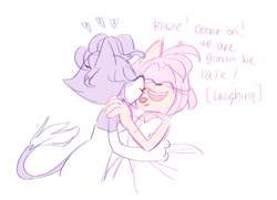 Size: 540x391 | Tagged: safe, artist:ffc1cb, amy rose, blaze the cat, cat, hedgehog, 2017, amy x blaze, cute, english text, eyes closed, female, females only, hearts, kiss on cheek, lesbian, lipstick, mouth open, shipping, wedding dress