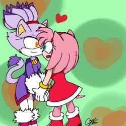Size: 540x540 | Tagged: safe, artist:jazz-ratt, amy rose, blaze the cat, cat, hedgehog, 2018, amy x blaze, amy's halterneck dress, blaze's tailcoat, cute, female, females only, heart, holding hands, lesbian, looking at each other, mouth open, shipping