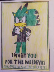 Size: 600x800 | Tagged: safe, artist:theoneandonlycactus, oc, oc:cactus the hedgehog, hedgehog, fingerless gloves, gloves, green eyes, green fur, jacket, male, traditional media