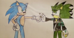 Size: 1242x643 | Tagged: safe, artist:theoneandonlycactus, sonic the hedgehog, oc, oc:cactus the hedgehog, hedgehog, blue fur, fingerless gloves, gloves, green eyes, green fur, jacket, male, traditional media