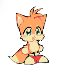 Size: 1037x1146 | Tagged: safe, artist:bloodshot121, miles "tails" prower, :3, blushing, chibi, cute, freckles, mouth open, simple background, smile, solo, standing, tailabetes, white background