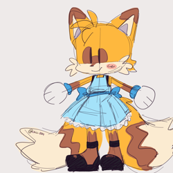 Size: 2048x2048 | Tagged: safe, artist:chibi-0004, miles "tails" prower, blushing, crossdressing, cute, dress, femboy, grey background, male, simple background, sketch, smile, solo, standing, t-pose, tailabetes