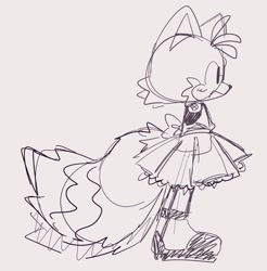 Size: 2019x2048 | Tagged: safe, artist:chibi-0004, miles "tails" prower, blushing, crossdressing, dress, femboy, grey background, line art, male, side view, simple background, sketch, smile, solo, standing
