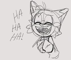 Size: 1899x1584 | Tagged: safe, artist:chibi-0004, miles "tails" prower, bust, eyes closed, fangs, grey background, heart tongue, laughing, line art, mouth open, simple background, sketch, solo