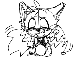 Size: 2048x1907 | Tagged: safe, artist:chibi-0004, miles "tails" prower, blushing, clenched teeth, ear fluff, eyes closed, line art, simple background, sketch, smile, solo, standing, white background