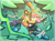 Size: 2048x1519 | Tagged: safe, artist:tailsnumber1fan, amy rose, sticks the badger, abstract background, amy x sticks, blushing, carrying them, duo, duo female, exclamation mark, female, females only, frown, lesbian, looking ahead, looking at them, mouth open, shipping, sonic boom (tv), vine swinging