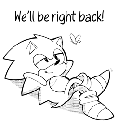 Size: 2007x2048 | Tagged: safe, artist:sonic-the-strip, sonic the hedgehog, butterfly, classic sonic, english text, hands behind head, lidded eyes, literal animal, looking up, lying back, male, simple background, smile, solo, top surgery scars, trans male, transgender, white background