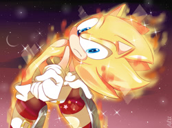 Size: 1449x1080 | Tagged: safe, artist:piink-rose, sonic the hedgehog, super sonic, abstract background, alternate eye color, blue eyes, clenched fist, flying, frown, looking back at viewer, male, moon, solo, sparkles, star (sky), star (symbol), super form