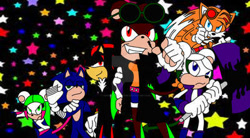 Size: 400x221 | Tagged: safe, artist:thunder-the-mouse, miles "tails" prower, shadow the hedgehog, sonic the hedgehog, oc, oc:thunder dark the hedgemouse, female, male