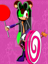 Size: 400x531 | Tagged: safe, artist:thunder-the-mouse, oc, oc:thunder dark the hedgemouse, mouse, belt, boots, brown fur, candy, female, fingerless gloves, glasses, glasses on head, jacket, lollipop, one eye closed, red eyes, shirt, shorts, sunglasses