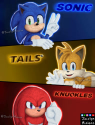Size: 827x1088 | Tagged: safe, artist:jocelynminions, knuckles the echidna, miles "tails" prower, sonic the hedgehog, echidna, fox, hedgehog, character name, male, team sonic