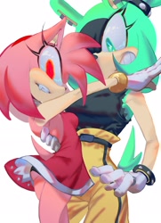 Size: 1500x2075 | Tagged: safe, artist:toge77789, amy rose, surge the tenrec, holding each other, red eyes