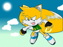 Size: 640x479 | Tagged: safe, artist:massi-the-fox, oc, oc:massi the fox, fox, brown eyes, fingerless gloves, flying, male, orange fur, recolor, ring, shoes, socks, sweater