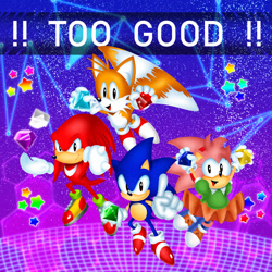 Size: 2048x2048 | Tagged: safe, artist:artattackkami, amy rose, knuckles the echidna, miles "tails" prower, sonic the hedgehog, sonic superstars, abstract background, chaos emerald, classic amy, classic knuckles, classic sonic, classic style, classic tails, english text, flying, group, holding something, smile, spinning tails