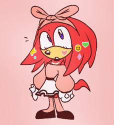 Size: 1113x1218 | Tagged: safe, artist:knuckie-head, knuckles the echidna, :o, blushing, chibi, crossdressing, cute, dress, femboy, headscarf, knucklebetes, looking up, male, mouth open, pink background, simple background, solo, standing, sticker, stockings