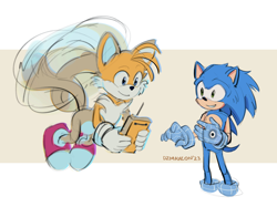 Size: 1334x1000 | Tagged: safe, artist:dzmaylon, miles "tails" prower, sonic the hedgehog, sonic prime, duo, flying, holding something, looking at them, redraw, signature, smile, standing