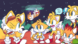 Size: 1920x1080 | Tagged: safe, artist:choccy-milkshake, mangey, miles "tails" prower, sails, sonic prime s2, sonic the hedgehog 2 (2022), abstract background, dialogue, english text, group, modern tails, movie style, self paradox, sonic boom (tv), speech bubble, star (sky)