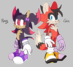 Size: 1367x1253 | Tagged: safe, artist:shadails, oc, oc:cain the fox, oc:roxy (shadails), fox, hedgehog, black fur, blue eyes, bow, brother and sister, character name, duo, fankid, female, gloves, grey background, looking at viewer, magical gay spawn, male, outline, parent:shadow, parent:tails, parents:shadails, purple fur, purple shoes, quills, red eyes, red fur, shoes, siblings, simple background, smile, socks, standing, yellow shoes