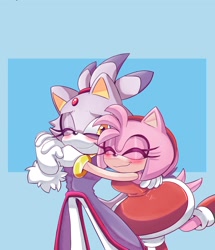 Size: 1758x2048 | Tagged: safe, artist:_karl0_, amy rose, blaze the cat, cat, hedgehog, 2021, amy x blaze, amy's halterneck dress, blaze's tailcoat, blushing, cute, eyes closed, female, females only, hugging, hugging from behind, lesbian, one eye closed, shipping, tail wagging