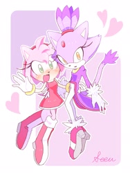Size: 1536x2048 | Tagged: safe, artist:seeusoni, amy rose, blaze the cat, cat, hedgehog, 2022, amy x blaze, amy's halterneck dress, blaze's tailcoat, blushing, cute, female, females only, hand on hip, hearts, lesbian, looking at viewer, mouth open, shipping