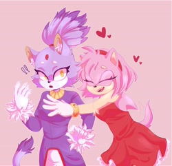 Size: 3793x3664 | Tagged: safe, artist:hant_sins, amy rose, blaze the cat, cat, hedgehog, 2022, amy x blaze, amy's halterneck dress, blaze's tailcoat, cute, exclamation mark, eyes closed, female, females only, hearts, hugging, lesbian, mouth open, shipping