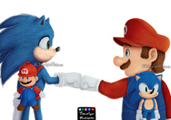 Size: 1069x748 | Tagged: safe, artist:jocelynminions, sonic the hedgehog, backpack, crossover, fistbump, mario, movie style