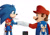 Size: 1069x748 | Tagged: safe, artist:jocelynminions, sonic the hedgehog, backpack, crossover, fistbump, mario, movie style