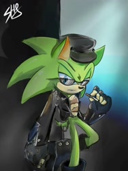 Size: 1800x2400 | Tagged: artist needed, safe, scourge the hedgehog, hedgehog, blue eyes, boots, cigarette, fingerless gloves, glasses, gloves, green fur, hat, jacket, male, scars, smoking, sunglasses
