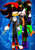 Size: 400x572 | Tagged: safe, artist:thunder-the-mouse, shadow the hedgehog, oc, oc:thunder dark the hedgemouse, hedgehog, mouse, abstract background, belt, black fur, boots, brown fur, duo, female, fingerless gloves, glasses, glasses on head, gloves, jacket, male, obtrusive watermark, red eyes, red fur, shirt, shoes, shorts, sunglasses, watermark