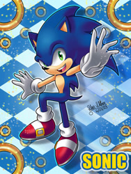 Size: 828x1104 | Tagged: safe, artist:star-shiner, sonic the hedgehog, hedgehog, blue fur, gloves, green eyes, male, rings, shoes, socks