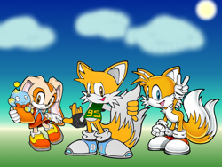 Size: 1024x768 | Tagged: safe, artist:massi-the-fox, cheese (chao), cream the rabbit, miles "tails" prower, oc, oc:massi the fox, chao, fox, rabbit, blue eyes, brown eyes, cream fur, dress, edit, female, fingerless gloves, gloves, male, orange fur, recolor, shoes, socks, sweater