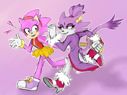 Size: 540x405 | Tagged: safe, artist:peachiesnake, amy rose, blaze the cat, cat, hedgehog, 2023, amy x blaze, blaze's tailcoat, cute, female, females only, lesbian, looking at each other, running, shipping, skirt
