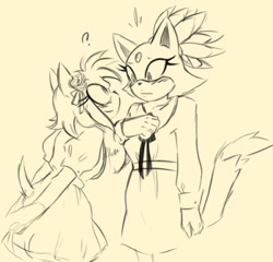 Size: 540x518 | Tagged: safe, artist:thelastmelinian, amy rose, blaze the cat, cat, hedgehog, 2018, amy x blaze, blushing, female, females only, flower, lesbian, looking at each other, question mark, shipping